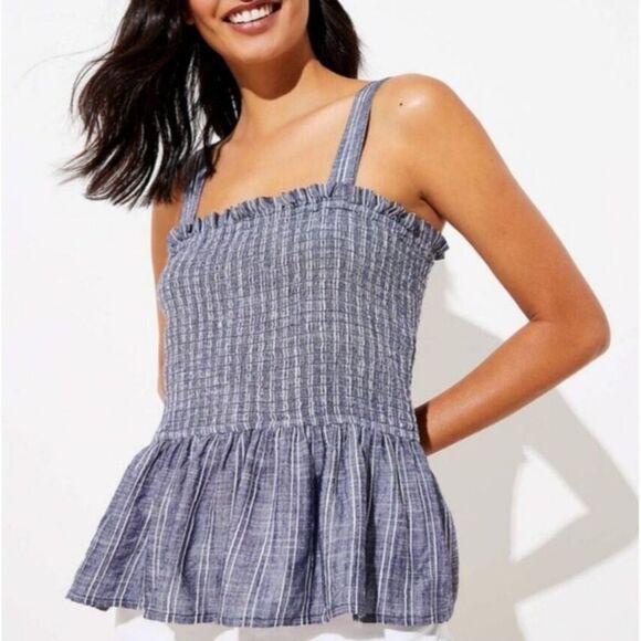 LOFT -241 NWT Blue White Striped Smocked Peplum Tank‎ Top Blouse Women's Medium - Picture 1 of 9